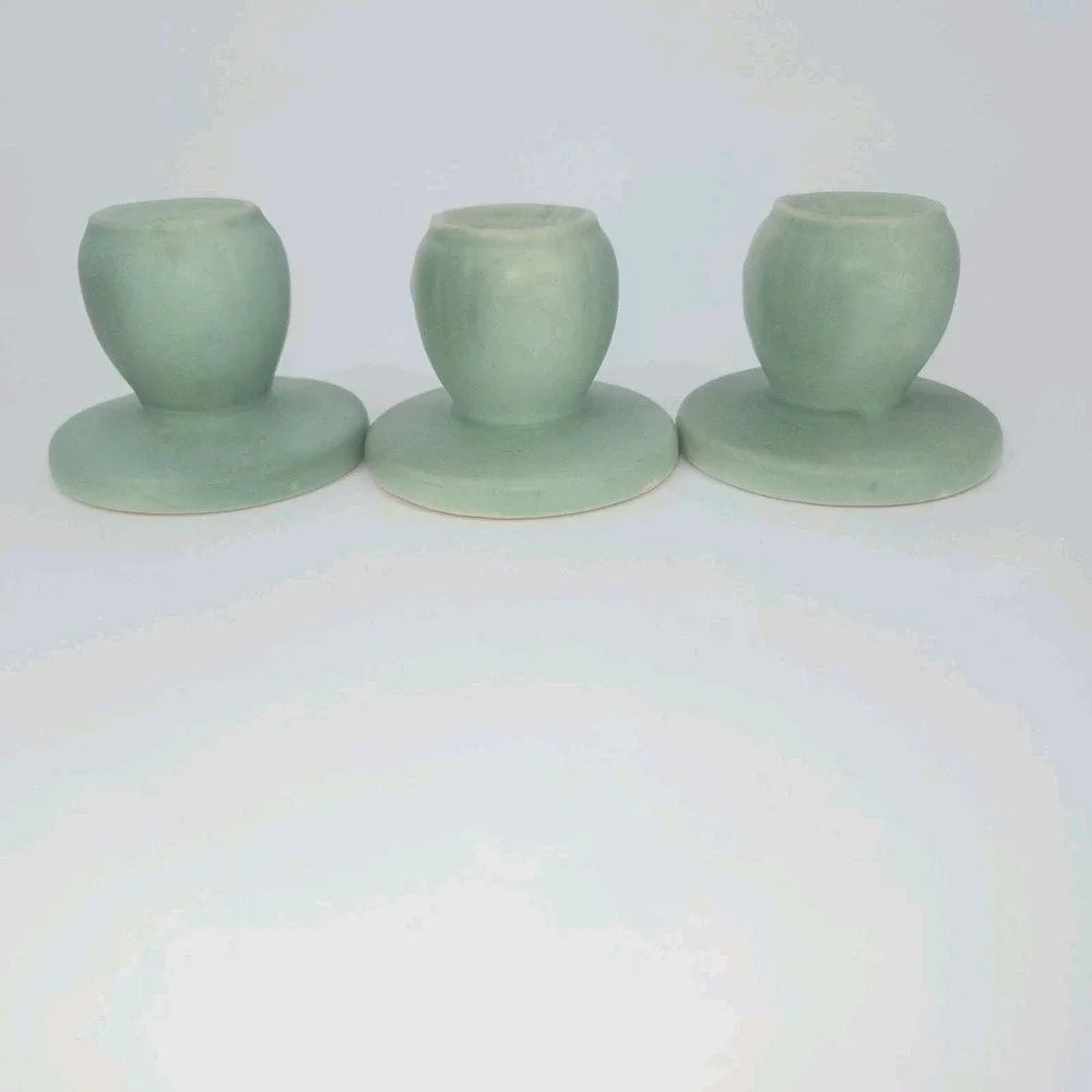 Weller Pottery Wild Rose Green Candle Holders Set of 3 1930s USA Vintage Cottage